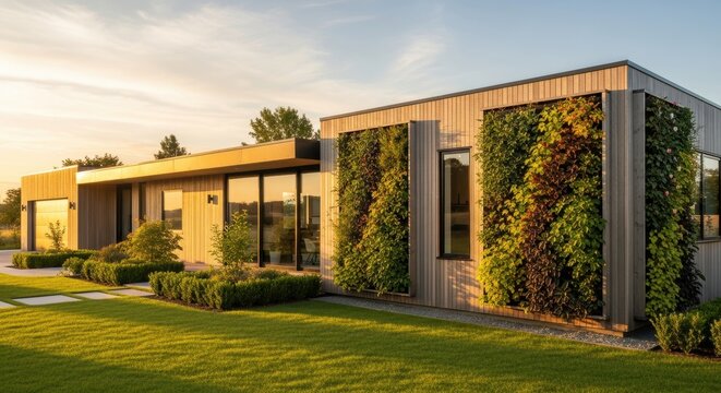 Modern House Exterior with Vertical Garden and Wooden Siding During Golden Hour