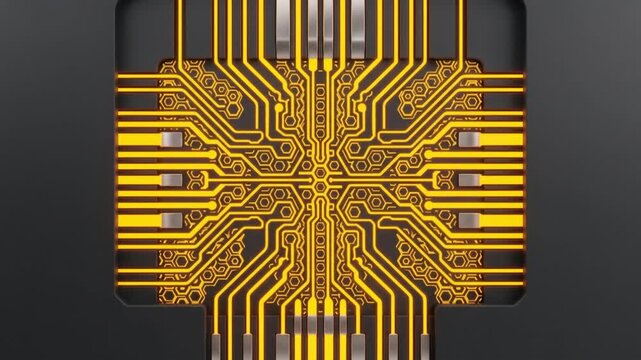 六角形のチタン装甲パネルが開きアンバーゴールドに輝くフォトニック結晶コアが現れる、俯瞰視点の抽象CG背景