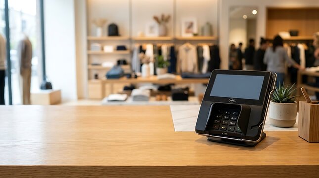 Modern payment terminal on a wooden counter in a blurred clothing boutique store