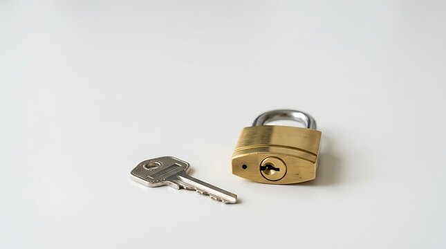 Brass Padlock and Metal Key for Home Security and Protection on White Background