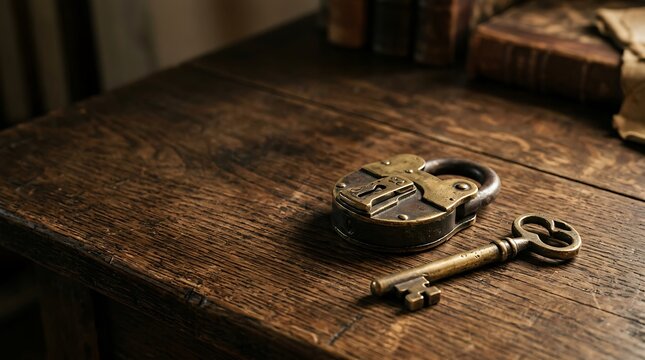 Antique Brass Padlock and Skeleton Key Resting on a Weathered Dark Wooden Table Surface Concept