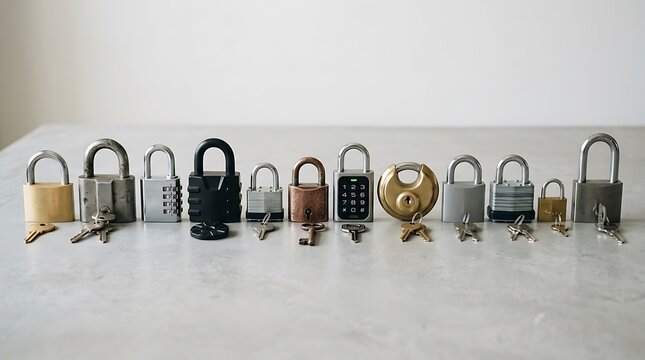 Diverse Collection of Various Metal Padlocks and Matching Keys Arranged on a Neutral Surface