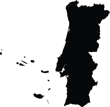 Portugal country map silhouette solid black shape isolated on transparent background with islands.