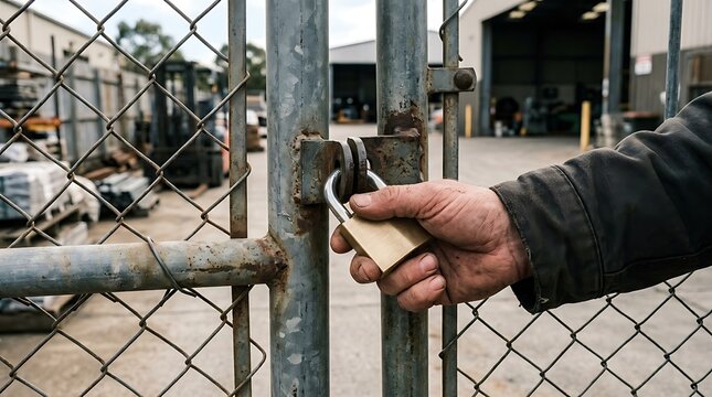 Hand unlocking a metal gate padlock at an industrial warehouse storage facility