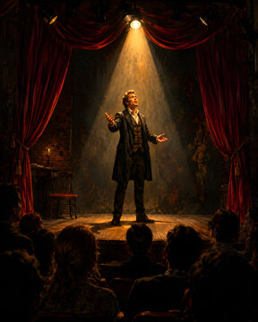 Dramatic Actor Performing Monologue on Theater Stage