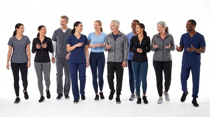 Fototapeta premium Diverse group of healthcare workers walking together in professional medical scrubs and uniforms