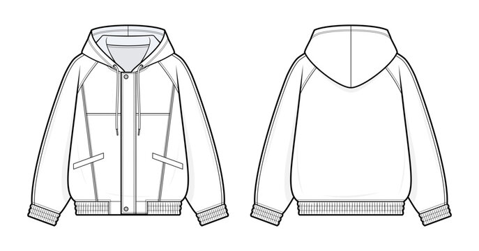 Button Front Hooded Jacket Technical Fashion Illustration. Utility Hoodie with Chest Yoke Panels, Angled Welt Pockets and Rib Knit Trim Vector Template. Front and Back View. Unisex Apparel. CAD Mockup