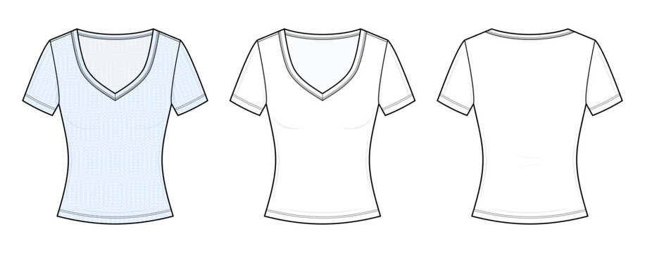 Light Blue Geometric Dot Pattern V-Neck Knit Top Technical Fashion Illustration. Slim Fit Short Sleeve T-Shirt Vector Template. Front and Back View. Women&rsquo;s Apparel. Rib Knit. CAD Mockup Set.