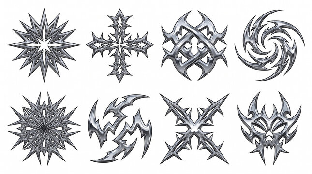 Chrome tribal y2k shapes, 8 metallic silver abstract icons, sharp futuristic steel elements for streetwear and graphic design