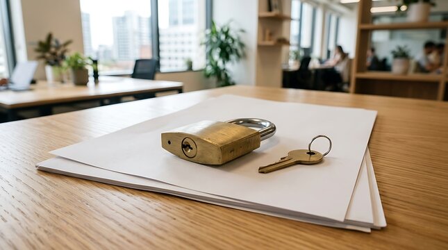 Brass padlock and key on white papers on a wooden table in a blurred office background
