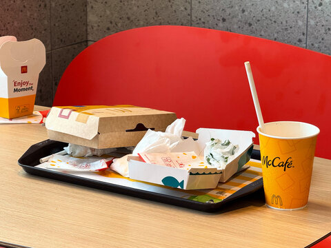 Da Nang, Vietnam - July 11, 2026: McDonalds Tray with Food Packaging on Empty Table