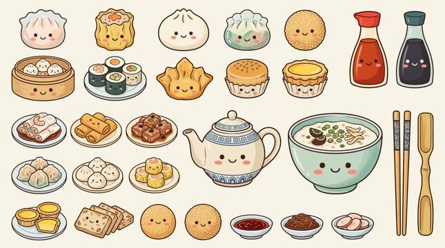 Cute hand drawn dim sum food vector illustration featuring traditional chinese breakfast items and kawaii kitchen accessories for menu design