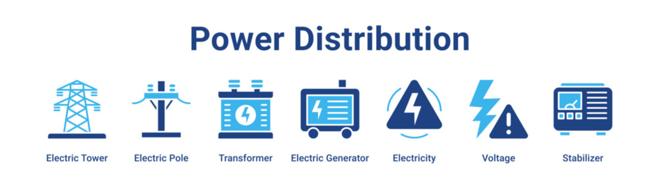 Power Distribution web banner icon vector illustration concept for technology with icon of Electric Tower, Electric Pole, Transformer, Electric Generator, Electricity.