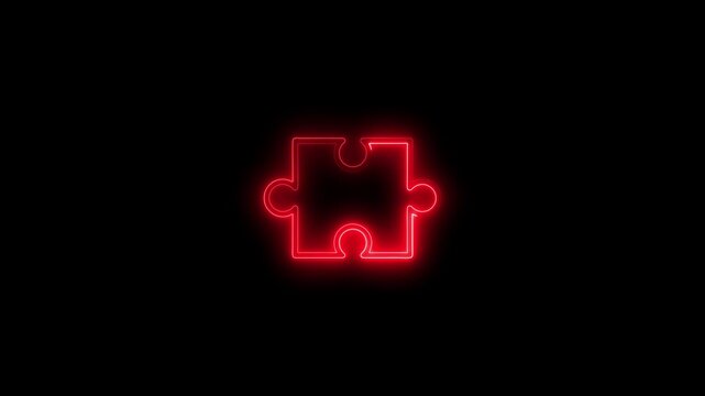Glowing neon puzzle piece icon animation on dark background. Bright outline style symbolizing problem solving, solution, teamwork, connection and strategy. Perfect for business concepts, education