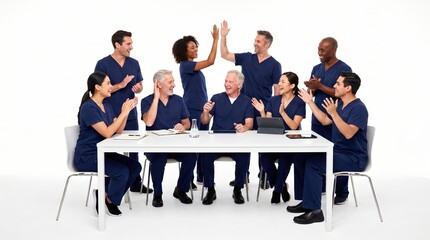 Fototapeta premium Diverse medical team celebrating success with high fives and applause in studio
