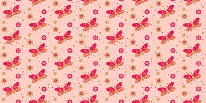 Folk butterfly, ladybug and floral seamless pattern on blush pink