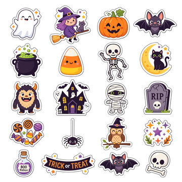 Collection of Cute and Spooky Halloween Icons and Symbols for Festive Decorations.