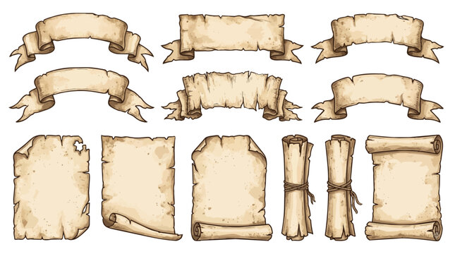 Vintage parchment paper scrolls and ribbons, antique 12 element vector set, weathered tan paper banners for medieval design