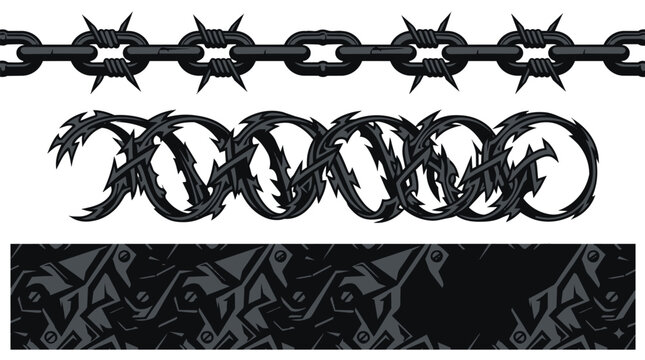 Gothic barbed wire and heavy metal chain vector set, industrial black steel borders, dark punk aesthetic graphic elements for apparel