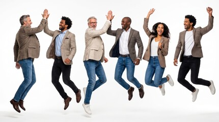 Obraz premium Diverse business team jumping in celebration of corporate success and teamwork victory