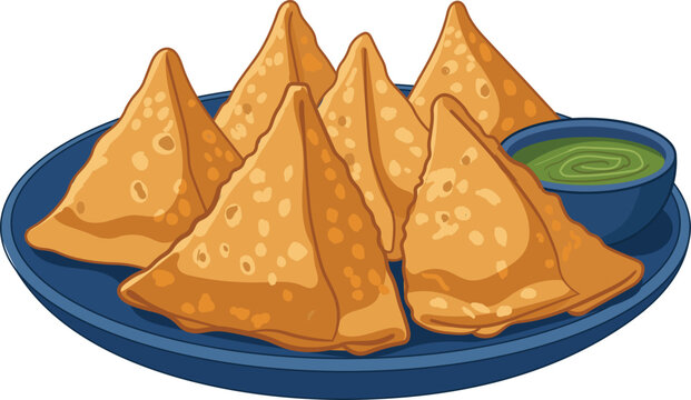 Crispy Indian samosas served with spicy green mint chutney on a plate, traditional snack vector illustration