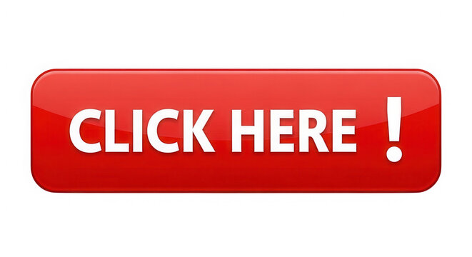 Red rectangular click here button with exclamation mark icon isolated on transparent background