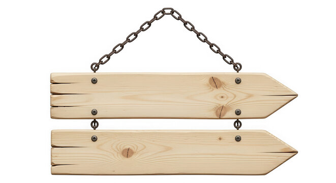 Two blank wooden sign boards hanging from metal chains isolated on transparent background
