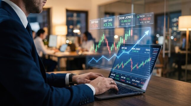 Professional trader analyzing stock market trends on laptop with floating holographic charts and graphs, financial investment, business man working in office