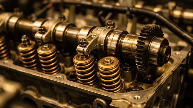 Close up view of car engine internal components showing camshaft, valve springs, and rocker arms, representing automotive mechanics, vehicle maintenance, repair service