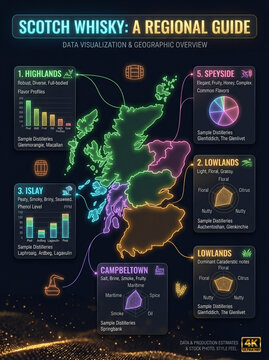 Scotch Whisky Regional Guide Infographic with Scotland Map Flavor Profiles and Distillery Data Visualization