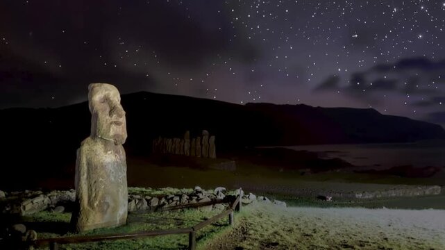Moais of Ahu Tongariki. Time lapse View of a Moai statue illuminated under a starry night sky on Easter Island, Valparaiso, Chile.
