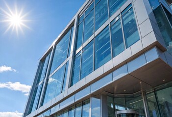 Obraz premium Modern architectural facade featuring reflective glass panels, metallic surfaces, geometric windows, blue sky reflections, sunlight, and sleek contemporary design for urban business concepts.
