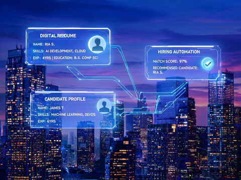 AI Recruitment Technology with Digital Resumes and Candidate Profile Icons Over Cityscape, Automated Hiring, Machine Learning, Talent Acquisition and Future HR Concept