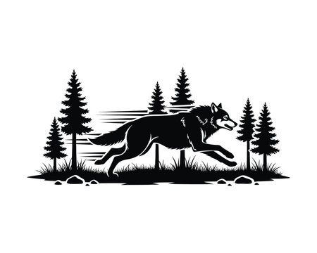 Running Wolf, Wolf Running, Running Wolf Silhouette, Wolf Silhouette, Wolf in Forest, Forest Wolf, Wolf Motion, Dynamic Wolf, Wolf Vector, Wolf Illustration, Wildlife Silhouette, Wild Wolf
