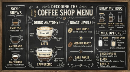 Naklejka premium Vintage Chalkboard Coffee Shop Menu Infographic with Brew Methods and Drink Anatomy