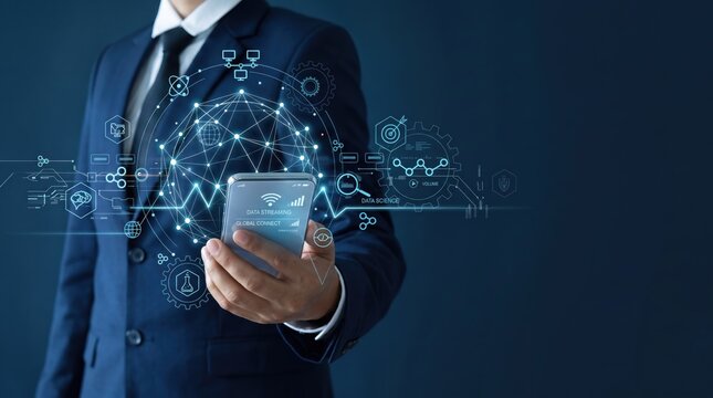 Businessman holding smartphone with global network connection, data streaming, and futuristic digital interface icons representing technology, innovation, internet of things