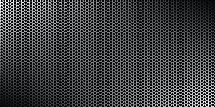 Black seamless hexagon texture. Repeated honeycomb pattern background. Geometric hexagonal halftone tech overlay backdrop. Abstract repeating hex halftone. Vector retro technology dot texure wallpaper
