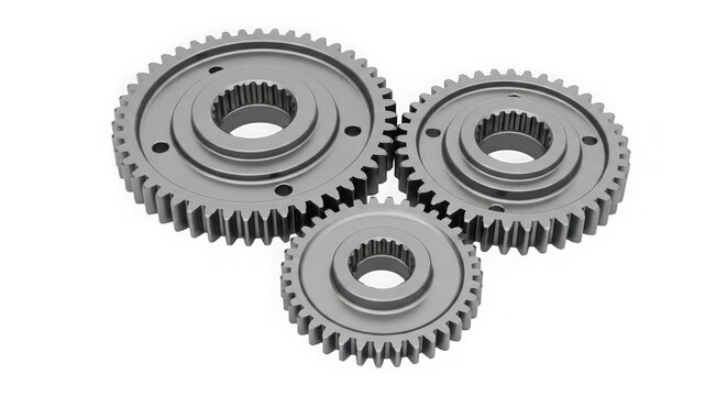 Three metal gear wheels connected together for machinery isolated on transparent background