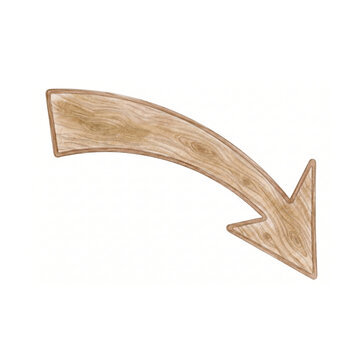Watercolor and wooden texture illustration of a curved arrow pointing downwards, isolated on a white background. Ideal for design and direction concepts.