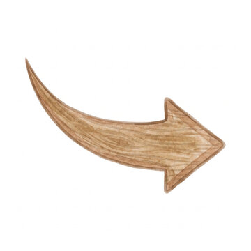 Watercolor vector illustration of a curved, sweeping arrow with realistic wood texture pointing to the right, isolated on white. Ideal for UI/UX navigation, diagrams, and eco marketing.
