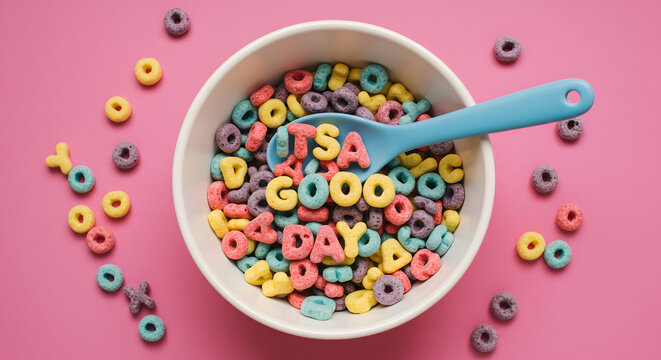 Cereal Bowl with Colorful Letters Forming a Good Day