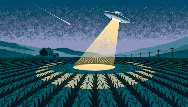 Extraterrestrial spaceship beaming light on crops in field at night