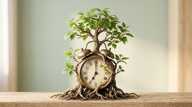 Vintage clock integrated into a lush green tree, creative time and nature concept representing growth, sustainability, balance, patience and the passage of time
