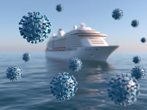 Ocean Cruise Vessel Framed by Virus Particles in Medical Travel Scene