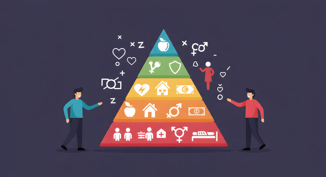 Human Figures Building a Layered Pyramid of Health Care and Social Services