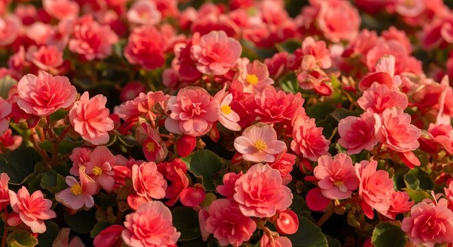 Beautiful bright red begonia flowers blooming in a sunny garden bed