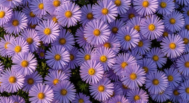 Beautiful purple aster flowers blooming in a large garden flower bed