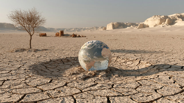 Planet Earth Ball on Parched Ground in Desert Environment