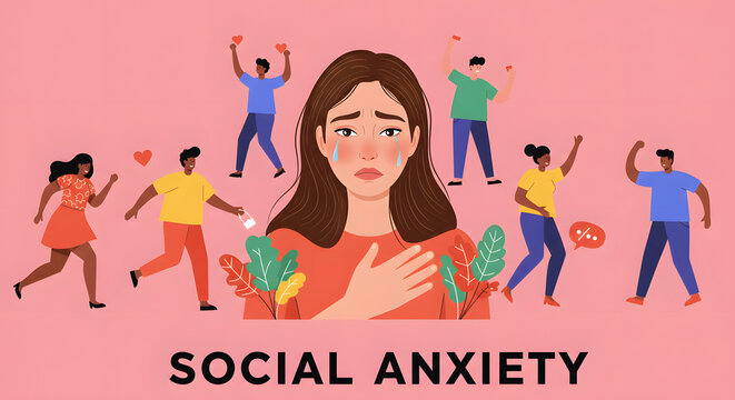 Social Anxiety Scene with Central Worried Woman