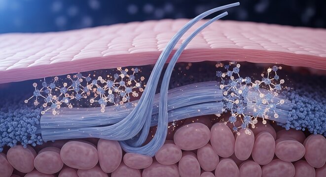 Cross section of human skin showing collagen matrix and active molecules
